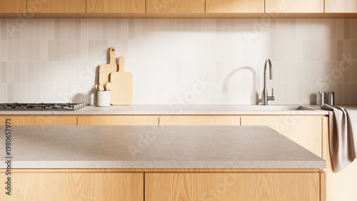 Konstfotografi Minimalist wooden kitchen interior with clean countertop surface for product mockup display in warm modern design environment