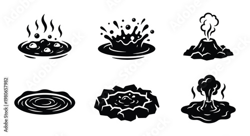 Volcanic activity and geothermal icons set, black silhouette volcano eruption and hot spring symbols, 6 vector elements of boiling mud and geysers