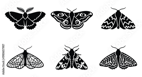 Vintage moth silhouettes collection, set of 6 mystical butterfly vector icons, black celestial insect illustrations for occult and nature branding