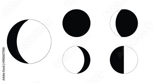 Minimalist moon phases vector set, black and white lunar cycle icons, celestial astronomical symbols for calendar design and astrology