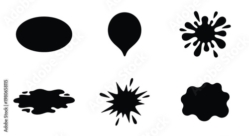 Black ink splat silhouettes, set of 6 liquid paint splash icons, abstract water puddle and droplet shapes, vector graphic design elements