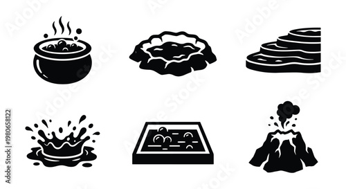 Geothermal activity and hot spring icons set, black silhouette volcanic elements, thermal water pool and geyser eruption vector graphics