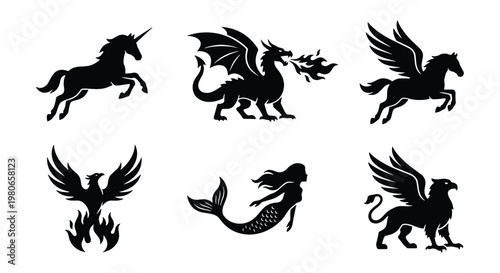 Mythical creatures silhouette set of 6 vector icons, fantasy dragon and unicorn black shapes, phoenix and mermaid heraldic symbols for logo design