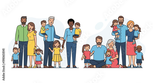 Diverse families with children of various ages and ethnicities depicted in a stylized illustration, showcasing different family structures and relationships.