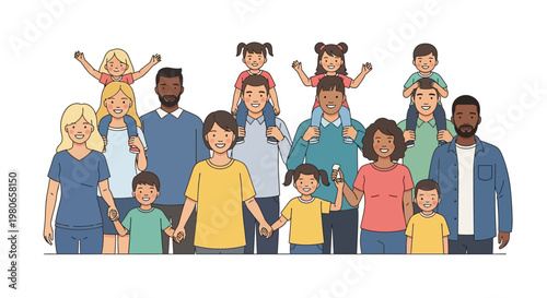 A diverse group of people, including adults and children, standing together in a joyful and inclusive family portrait.