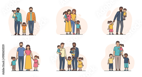 Diverse families with children, showcasing various parental combinations and ethnicities, depicted in a clean, modern illustration style.