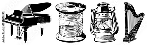 piano, spool of thread, oil lantern, harp classic objects rendered in halftone dot, vector art, isolated foreground elements.