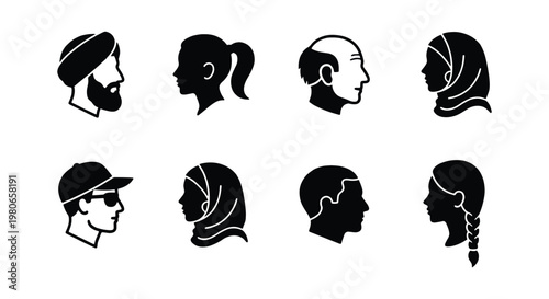 Diverse people profile icons set, 8 black silhouette avatar heads, multicultural human faces in side view, inclusive community vector graphics