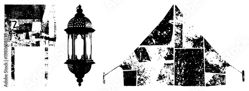 Black silhouette of vintage lantern, rustic sign, and fragmented building shapes with gritty texture, urban decay aesthetic, graphic design elements.