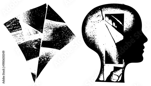 Brain head silhouette with fragmented geometric shapes, halftone texture, abstract cognitive concept, isolated vector graphic, psychological visualization, mind mapping design.