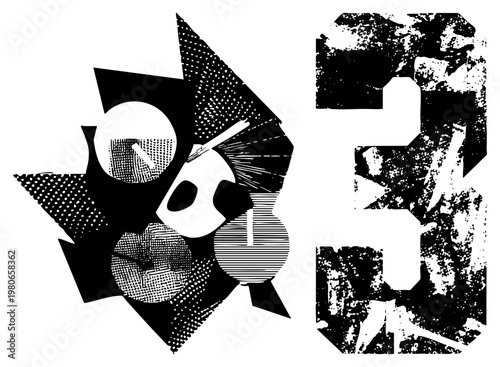 Black and white vector art featuring fragmented shapes, halftone, and stylized forms, graphic design element, modern abstract illustration.