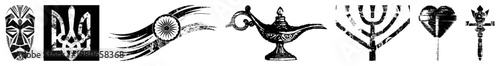Set of symbolic tribal mask, trident, Ashoka wheel, genie lamp, menorah, heart. vector design for branding or spiritual use.