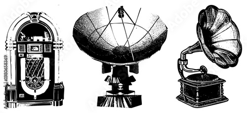 Retro devices from early 20th century, jukebox with ornate casing, vintage wireless radio with horn speaker, gramophone with turntable and stylus arm.