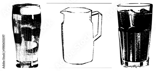 Tapered glass with ice and bubbles, pitcher with handle, soda glass with fizz all in halftone style, vector cutout, isolated foreground elements.