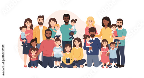 A diverse group of adults and children of various ethnicities and ages, posing together for a group portrait, representing family and community.