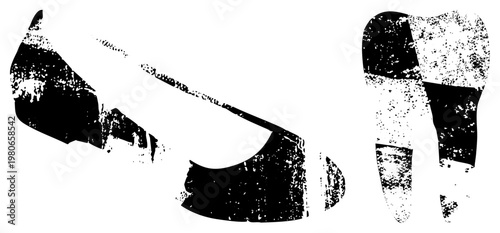 Retro stiletto heel shoe and ballet flat silhouette, distressed black and white graphic, fashion footwear, vector, grunge texture, minimalist shoe design.