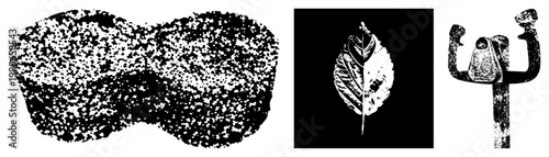 Organic abstract shape with halftone texture, stippled black and white graphic, vector art design, isolated foreground element.