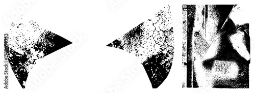 Geometric halftone triangles with stippled texture, vector art elements, graphic design motifs, digital print, shapes.