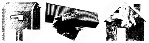 Stylized vector of mailbox, barn, and house with gritty texture, halftone noise, and distressed edges, ideal for rustic or vintage design themes.