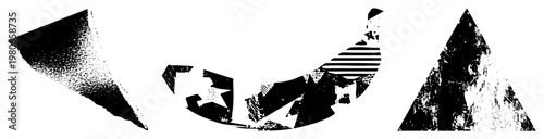 Fragmented vector shapes with halftone and distressed textures, stylized graphic elements, isolated geometric forms, modern design motifs, composition.