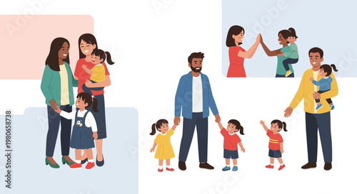 Diverse families and children interacting happily in a bright, modern setting, showcasing unity and joy.