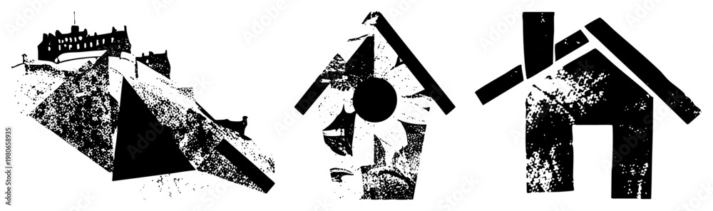 Fototapeta premium Stylized home shapes with fragmented forms, halftone shading, design, architectural, graphic vector elements.
