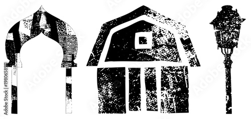 Grunge style vector of historic building elements Moorish arch, cottage house, ornate street lamp rendered in halftone texture for graphic design.