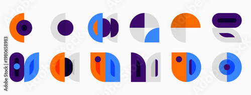 Abstract geometric shapes, circles, rectangles, purple, orange, blue hues. Minimalist design, pattern repeats, clean aesthetic.