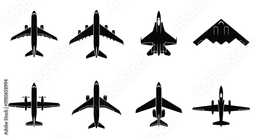 Airplane silhouette vector set, commercial aviation and military aircraft icons, 8 black plane top view symbols for travel and defense design