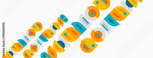 Colorful overlapping circles create dynamic pattern. Bright hues suggest playful, modern aesthetic. Simple shapes repeat across white background.