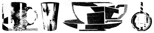 Abstract halftone coffee mugs, tall glass, teacup with saucer, and cocktail glass set, vector art, isolated beverage symbols.