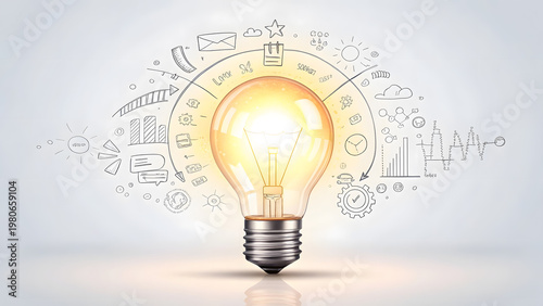 Glowing light bulb with hand drawn sketches of business ideas and creative strategy icons.