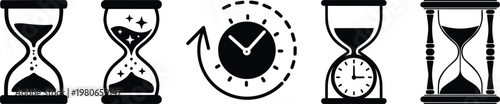  Vector icon set of hourglasses with falling sand.set of sand clock illustrations with varying frames and sand amounts. Hourglass shapes in multiple variations. Vector icon set of hourglasses.