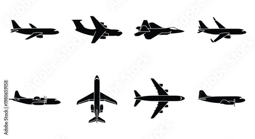 Airplane silhouette collection, set of 8 black aircraft icons, commercial jet and military fighter plane vectors, aviation transport symbols