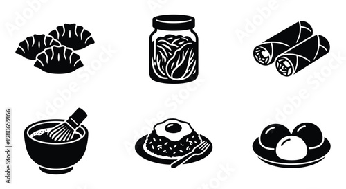 Asian food icon set with 6 black vector illustrations, traditional oriental cuisine symbols, kimchi jar and gyoza dumplings, matcha tea and spring rolls