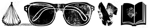 Retro sunglasses with textured lenses, open book revealing heart design, fan, jagged rock piece stylized vector art.