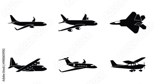 Black airplane silhouette icons set, commercial aviation and military aircraft vector collection, 6 flying plane symbols for travel and logistics