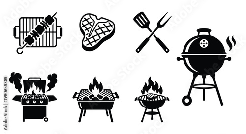 Barbecue grill icons set, black silhouette BBQ equipment collection, outdoor cooking tools and grilled meat vector illustrations for restaurant menus