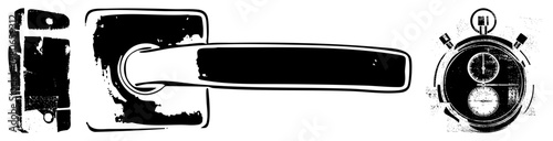 Retro style door handle and analog stopwatch, distressed vector, design, time and access symbols, stylized urban elements.