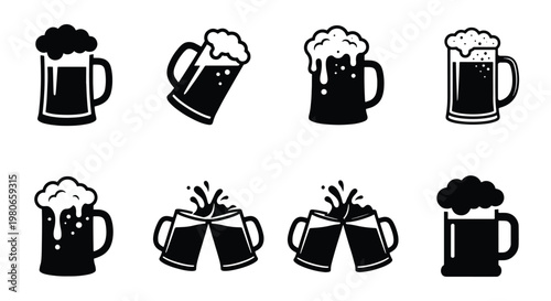 Beer mug icons set, black and white brewery glass collection, 8 foaming ale tankard silhouettes, toasting beer glasses for pub and bar branding