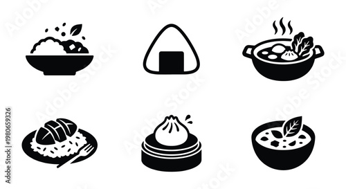Japanese and Asian food icon set, black minimalist culinary symbols, 6 vector illustrations of onigiri, dim sum, ramen, and rice bowls for restaurant menus