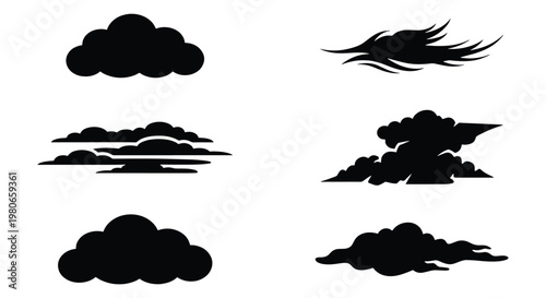 Black cloud silhouette icons set, minimalist weather symbols in vector format, dark storm and cumulus cloud shapes for graphic design