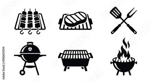 Barbecue grill icon set with 6 black vector elements, BBQ equipment and grilled meat symbols, outdoor cooking tools and charcoal grill silhouettes