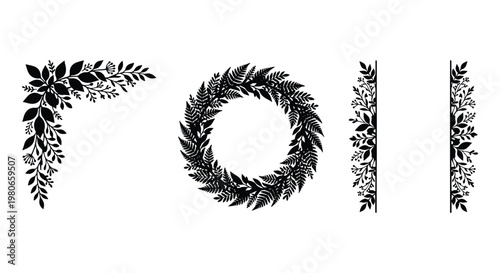 Tableau sur toile Vintage floral border set with black leaf wreath and corner frame, elegant botan