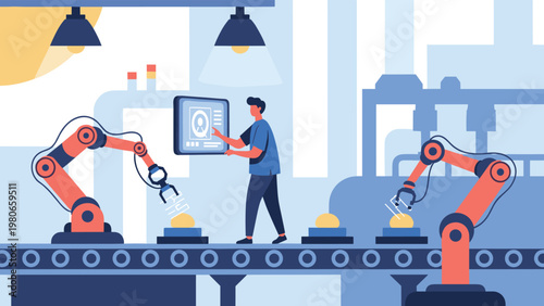 Automated factory production line with a supervisor controlling robotic arms on a conveyor belt using a digital tablet interface.