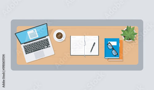 Study desk on top view vector illustration