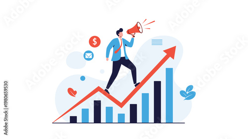 Energetic businessman climbing a rising financial graph and using a megaphone to announce success, growth, and market achievements.