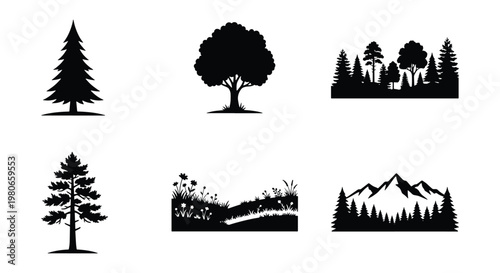 Black tree silhouette collection, forest landscape and mountain range vector set, pine and oak tree icons, nature scenery elements for logo design