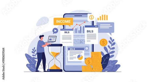 Personal finance management and income tracking showing a man working on a laptop with digital bills, hourglass, and stacks of gold coins.