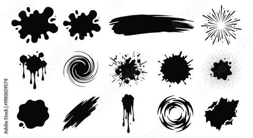 Black ink splatters and paint brush strokes set, 14 grunge liquid splash elements, hand drawn dripping ink blots and spiral textures for design